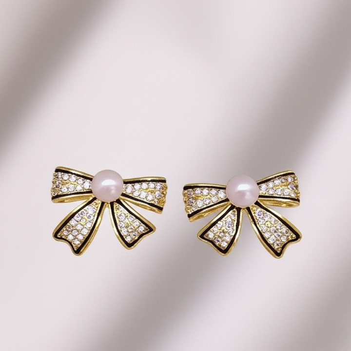 Bow Shape Zircon Pearl Earrings
