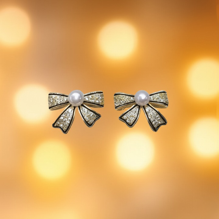 Bow Shape Zircon Pearl Earrings