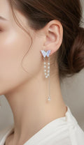 S925 Elegant Butterfly with Pearl Tassels Drop Earrings