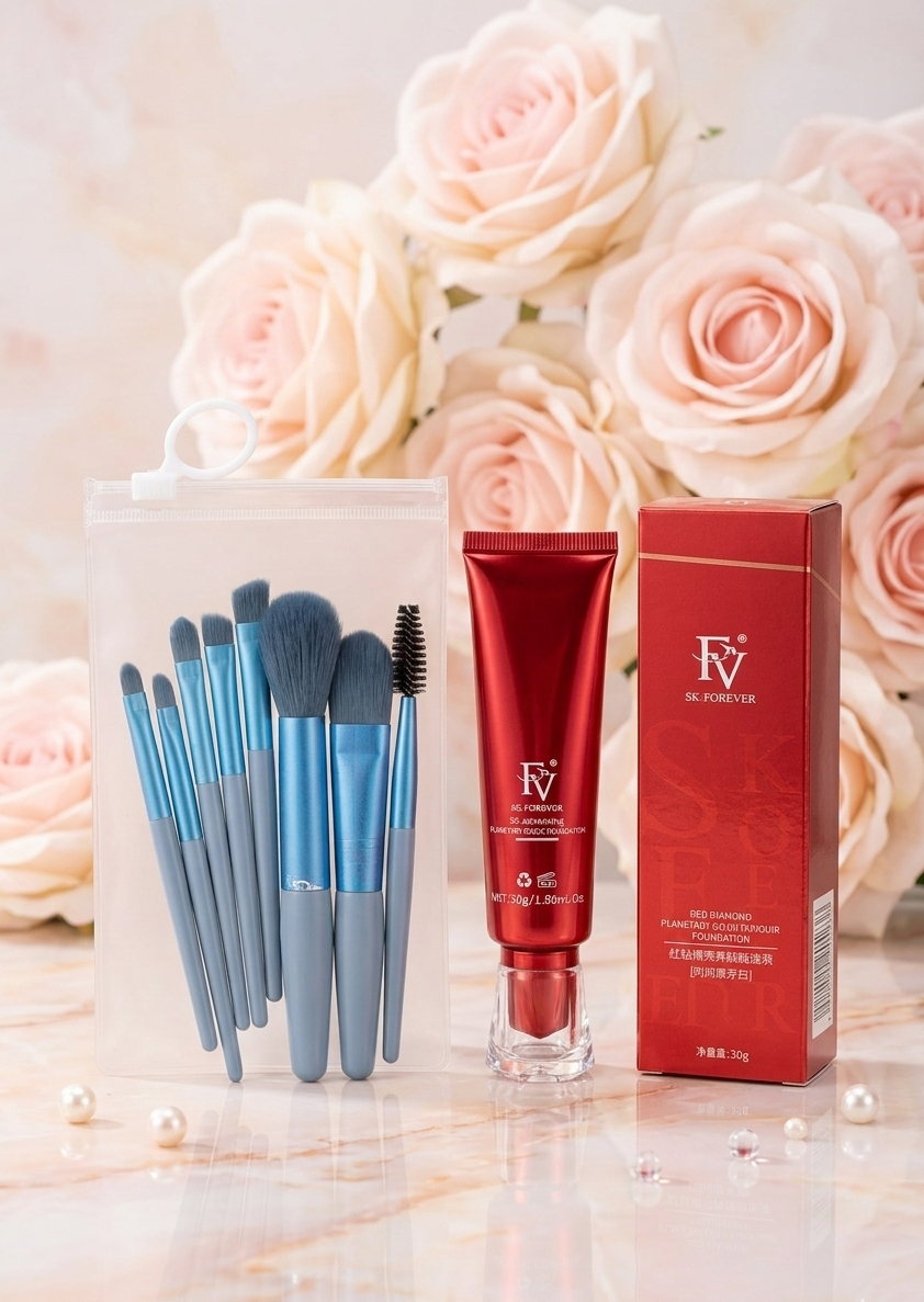 FV Foundation With 8 Pcs Makeup Brush Set