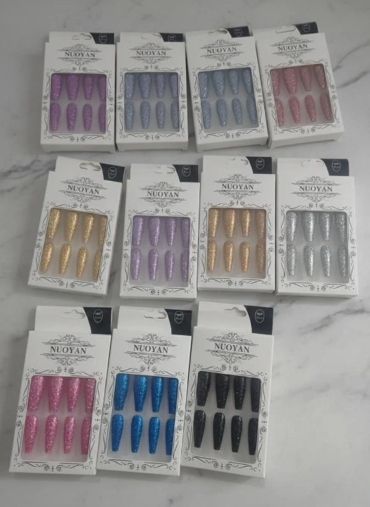 Multicolor Glittery Long Stick-On Artificial Nails – 12 Pcs