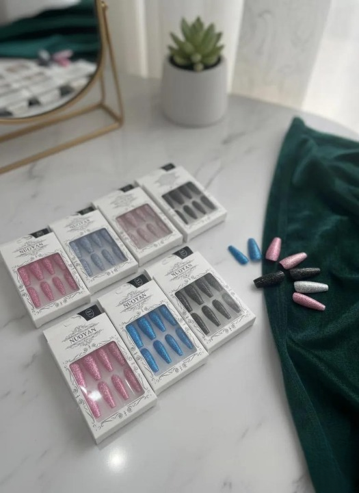 Multicolor Glittery Long Stick-On Artificial Nails – 12 Pcs