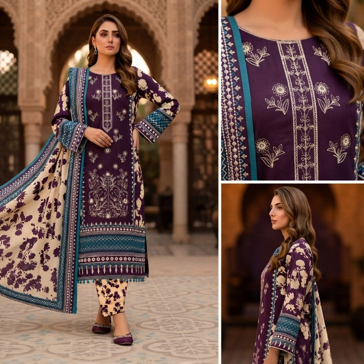 3 Piece Unstitched Lawn Suit For Women Printed Lawn Dress With Matching Dupatta And Trouser