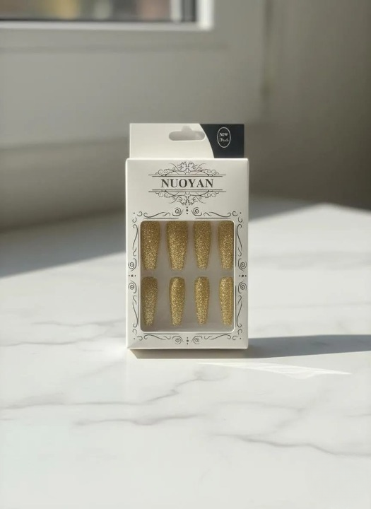 Multicolor Glittery Long Stick-On Artificial Nails – 12 Pcs