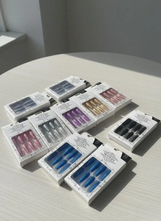 Multicolor Glittery Long Stick-On Artificial Nails – 12 Pcs
